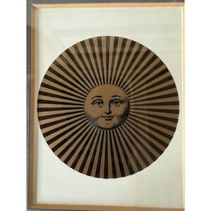 Vintage Sun Face Celestial Sunburst Framed Art Gold Wood Frame Wall Decor